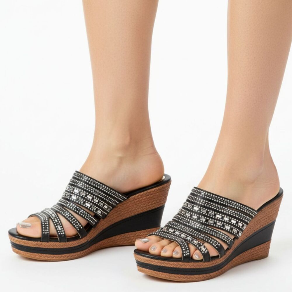 Patrizia Black & Silver Rhinestone Embellished Wedge Heel Shoes 8 41